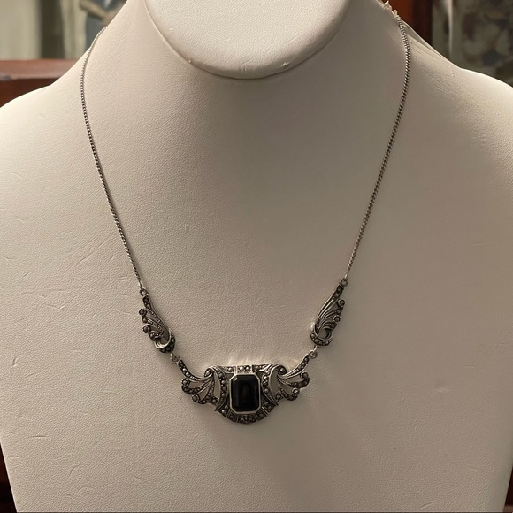 Vintage Art Deco black onyx marcasite solid sterling silver necklace - Picture 6 of 7